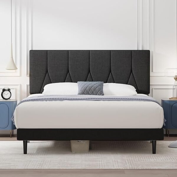 1 Modern Upholstered Bed Frame with Tall Padded Headboard – Charcoal Grey