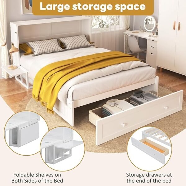 NIUAWASA Fold Away Murphy bed, Double Bed-4ft6(135x190cm) with Storage Drawer Foldable Shelves Household Bed Multifunctional Hidden Wall Cabinet Bed Design White (Without mattress)